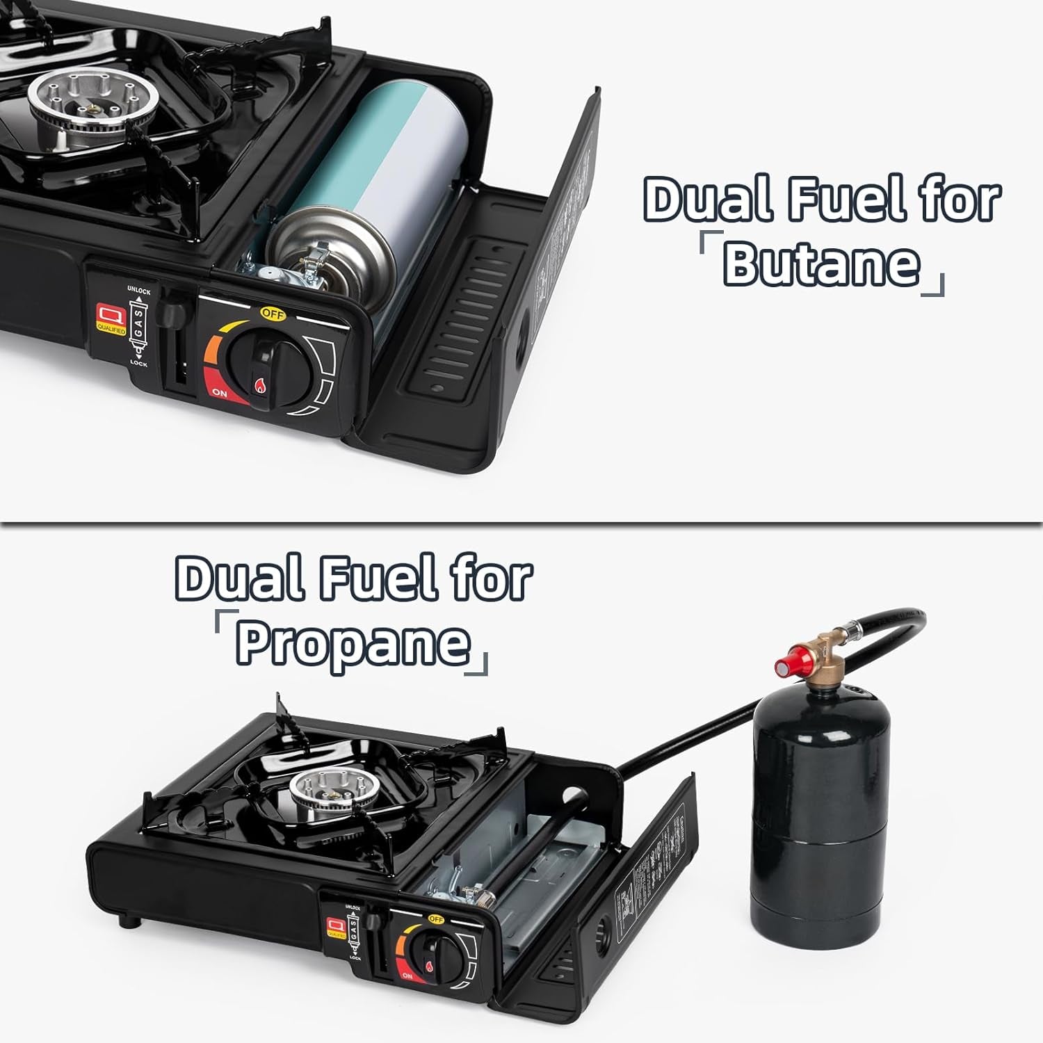 Dual Fuel Stove with Butane & Propane Compatibility, Portable Camping Stove for Outdoor Cooking, Propane Adapter Hose and Carrying Case Included, 7800 Btus Output