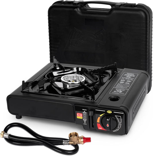 Dual Fuel Stove with Butane & Propane Compatibility, Portable Camping Stove for Outdoor Cooking, Propane Adapter Hose and Carrying Case Included, 7800 Btus Output